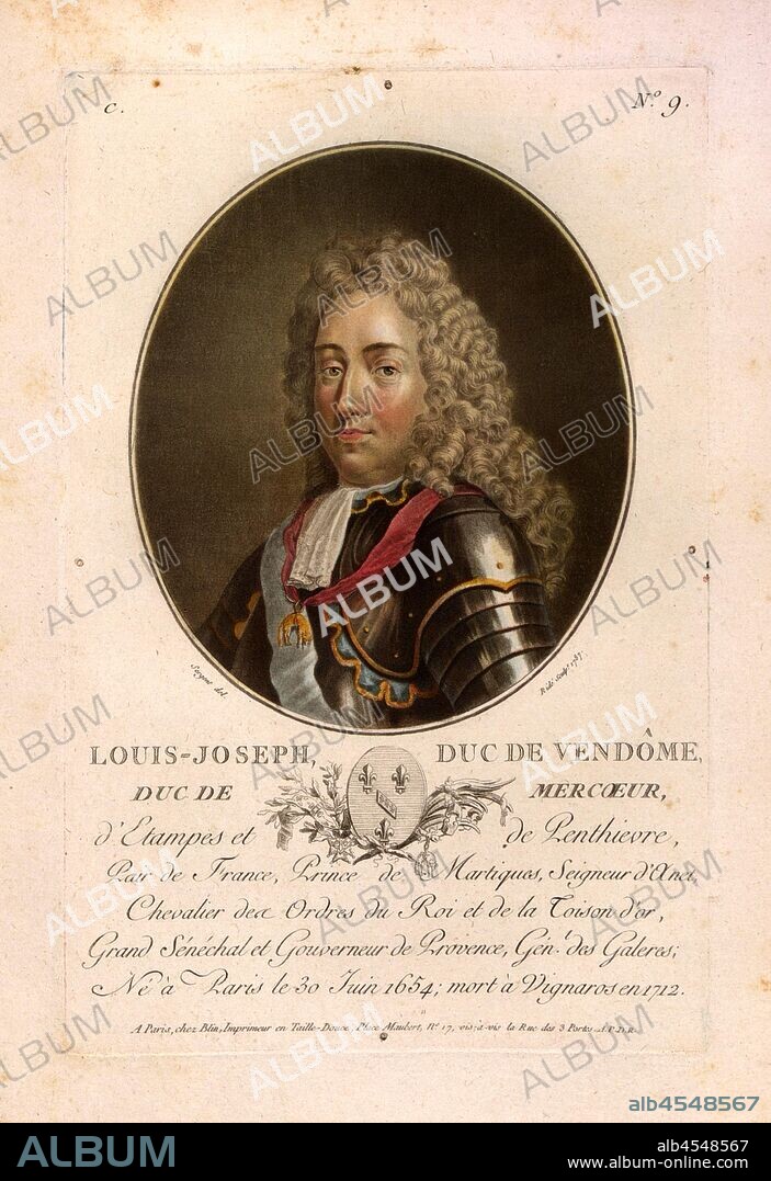 Louis-Joseph, Duke of Vendome, Duke of Mercoeur, Louis II. Joseph de Bourbon, Duke of Vendôme, also the Great Vendôme, signed: Sergent (del.); Ridé (sculp.); chez Blin, C no. 9, Sergent, Antoine Louis François (del.); Ridé (sculp.); Blin (chez), Antoine François Sergent-Marceau: Portraits des grands hommes, femmes illustres et sujets mémorables de France: gravés et imprimés en couleurs. Dédié au Roi. Bd. 2. Paris: chez Blin, Imprimeur en Taille-Douce, [1786-1792].