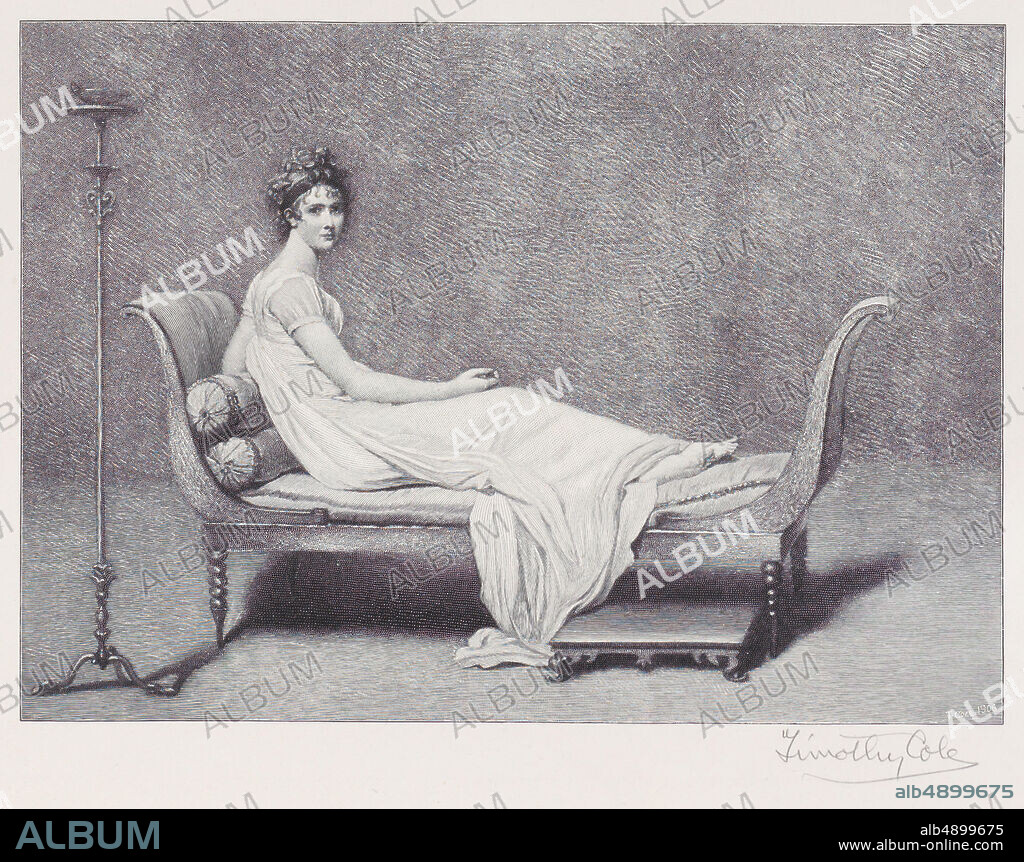 Engraved by Timothy Cole, Madame Récamier, Engraved by Timothy Cole (American, London 18521931 Poughkeepsie, New York), After baron François Gérard (French, Rome 17701837 Paris), Julie Récamier (French, Lyon 17771849 Paris), 1909, Wood engraving, Image: 7 11/16 × 5 1/8 in. (19.5 × 13 cm), Sheet: 11 1/8 × 9 5/8 in. (28.2 × 24.5 cm), Prints.