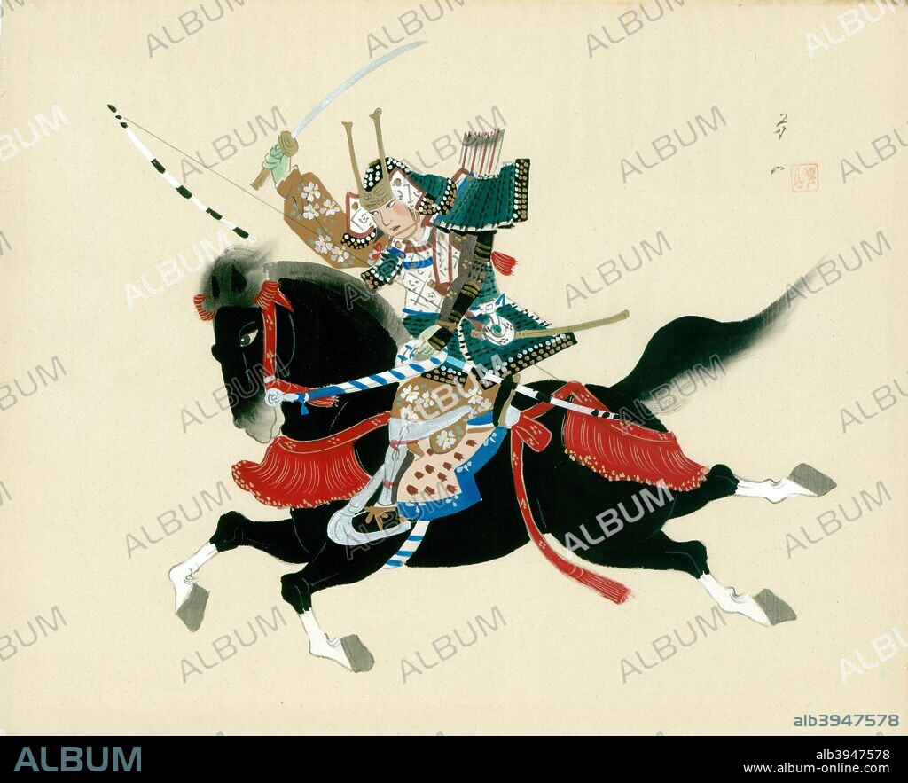 Samurai Warrior riding a horse. A Japanese painting on silk, in a traditional Japanese style.