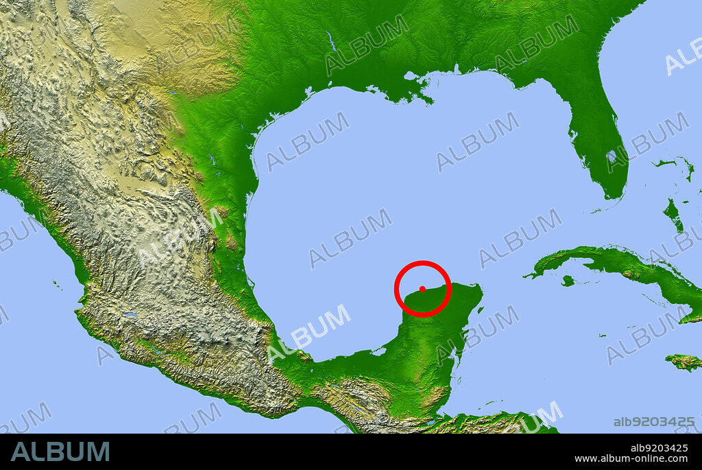 Chicxulub crater. Map showing the location of the Chicxulub impact crater (center) on the Yucatan Peninsula, Mexico. This impact may have caused the extinction of the dinosaurs and 70% of all Earth's species 65 million years ago. The four red dots represent the cities of (from left to right): Mexico City, Tempico (where material ejected from the crater has been found), Havana and Miami.