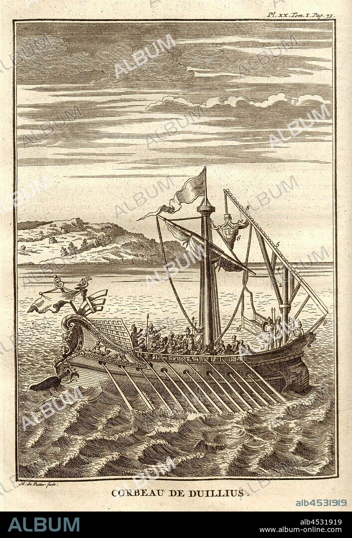 Corbeau of Siccius, Ship of Gaius Duilius, signed: A. de Putter fecit, Pl. XX, Tom., I, Pag., 73, according to p. 72, Putter, A. de (fec.);, 1774, Polybius; Vincent Thuillier; Jean Charles de Folard: Histoire de Polybe. Tome 1; Amsterdam: Arkstée et Merkus, MDCCLXXIV [1774].