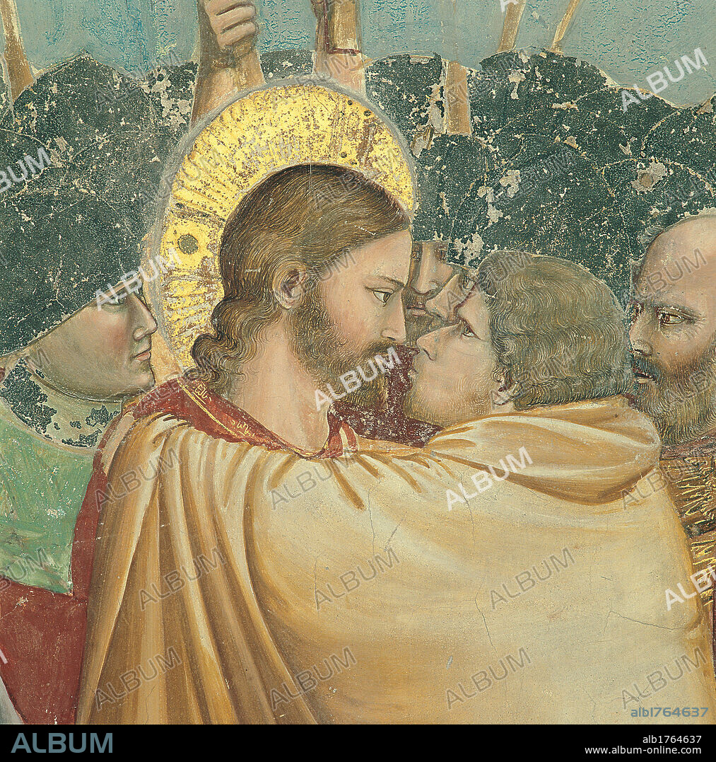 Stories of the Passion The Kiss of Judas, by Giotto, 1303-1306 about, 14th Century, fresco, cm 200 x 185. Italy, Veneto, Padua, Scrovegni Chapel. Detail. Faces adjoining of Jesus Christ and Judas, kiss of Judas profile Christ halo aureole gold red yellow.
