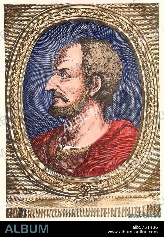 Tacitus, Cornelius; röm. Geschichtsschreiber; nach 50 n. Chr. nach 116. - Porträt. Kupferstich, 1764, von Fritzsche, spätere Kolorierung.