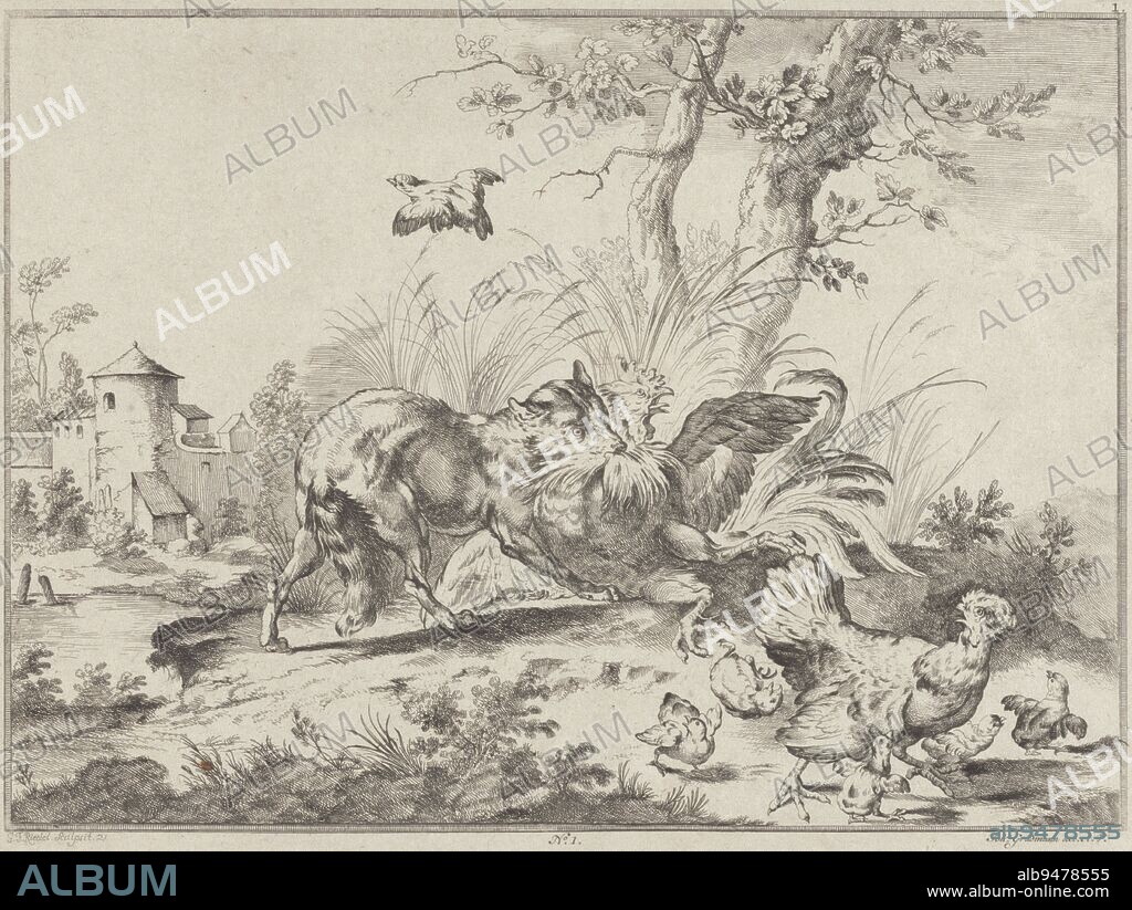 Wolf catches a rooster, Gottlieb Friedrich Riedel, 1734 - 1784, print maker: Gottlieb Friedrich Riedel, (mentioned on object), publisher: Johann Gradmann, (mentioned on object), Augsburg, 1734 - 1784, paper, etching, h 205 mm × w 276 mm.