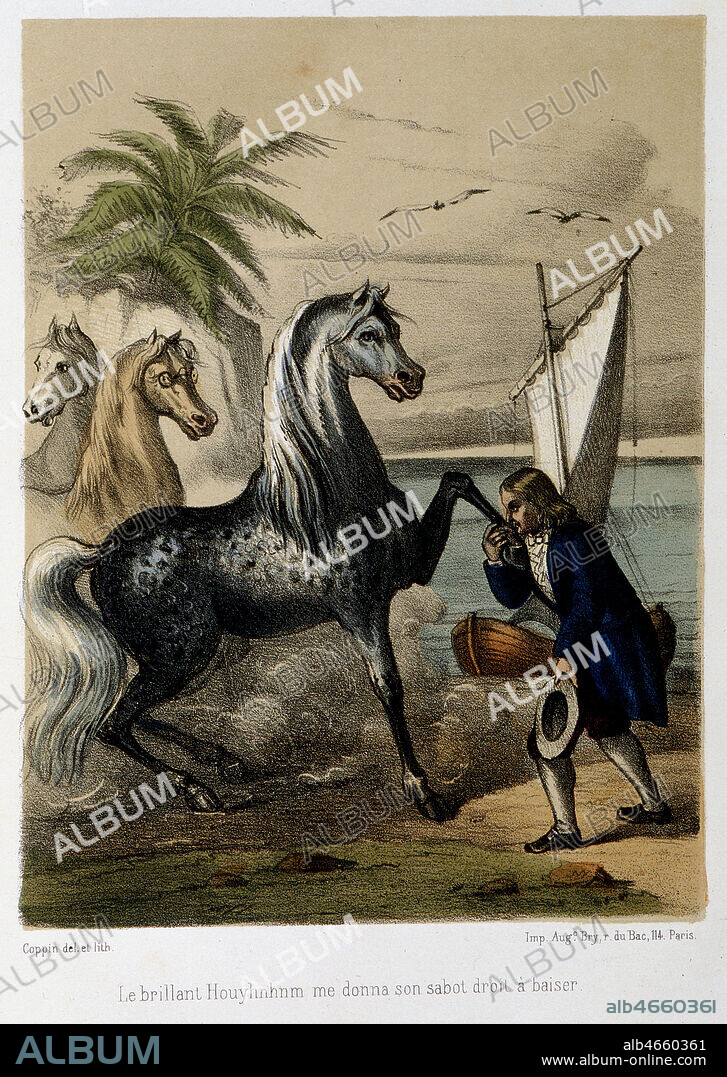 Les voyages de Gulliver : Chez les Houyhnhnm : 'le brillant Houyhnhnm me donna son sabot droit a baiser'.' Lithographie par A. Coppin vers 1850. Credit: Coll. Kharbine-Tapabor.