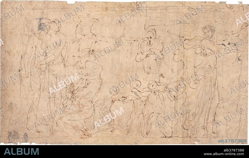 ANÓNIMO. Anónimo (Seguidor de Perino del Vaga) / 'Estudio de composición mitológica'. Mediados del siglo XVI. Pluma, Tinta parda sobre papel, 98 x 167 mm.