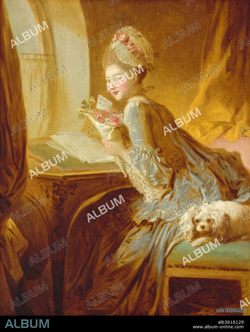 JEAN-HONORÉ FRAGONARD. The Love Letter. Artist: Jean Honoré Fragonard (French, Grasse 1732-1806 Paris). Dimensions: 32 3/4 x 26 3/8 in. (83.2 x 67 cm). Date: early 1770s.
In the work of Fragonard, finish is a relative term. Here, over a brown tone, Fragonard shapes the composition in darker shades of brown, drawing and modeling with the tip of the brush and with strokes of varying thickness. Color and white are confined to passages under strong light toward the center of the canvas: the young woman's powdered face, her dress and cap, writing surface and stool, flowers and dog. A famous canvas from the early 1770s, the work should be read not as a portrait but as a genre scene.