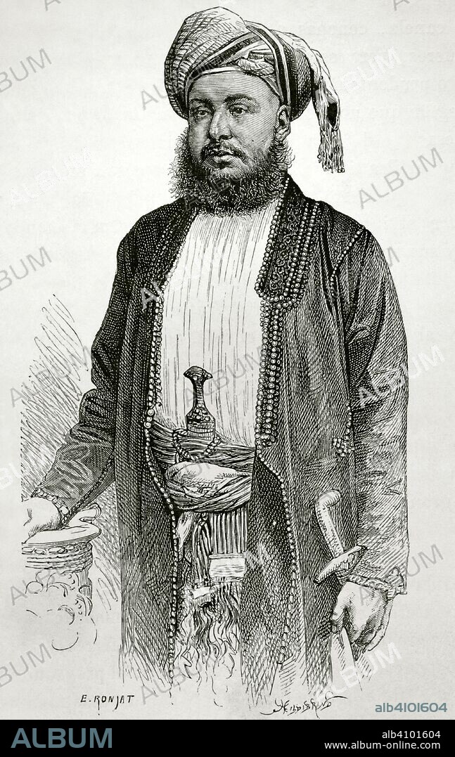 El Príncipe Barghash, futuro sultán de Zanzibar con el nombre de Barghash ibn Said de 1870 a 1888. Durante su reinado se abolió el tráfico de esclavos en Zanzíbar. Dibujo por Etienne Ronjat (1822-?). Grabado por Hildibrand. Africa Inexplorada, El Continente Misterioso, por Henry Morton Stanley, h. 1887. Biblioteca Histórico Militar de Barcelona, Cataluña, España.