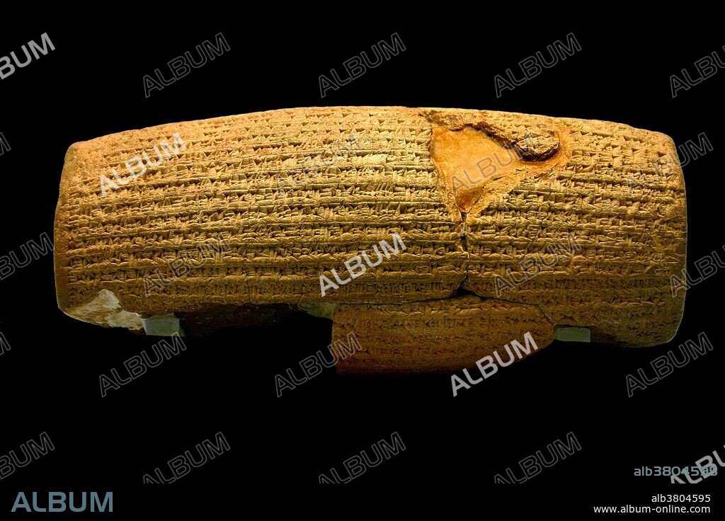 The Cyrus Cylinder is a Babylonian clay document of the 6th century BC inscribed with a declaration, considered by some to be the "first declaration of human rights," in the name of the Achaemenid Persian king Cyrus the Great. It is currently housed in the British Museum.