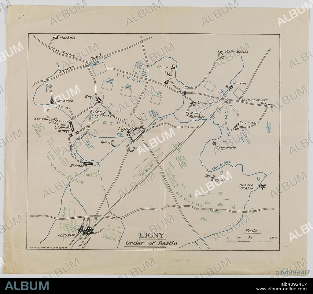 Map Set - Waterloo Campaign, 1815, Dispatched to 4th Australian Division, Mar 1919, Alternative Name(s): Battle of Waterloo Set of information about the Waterloo Campaign, 1815, comprising three maps, two tables and two memos. They were sent from the headquarters of the 4th Australian Division to several of its units on 15 and 16 March 1919, shortly after World War I. The maps depict the Battle of Quatre Bras, 16 June 1815; the Position of Armies in Front of Waterloo, 18 Jun.
