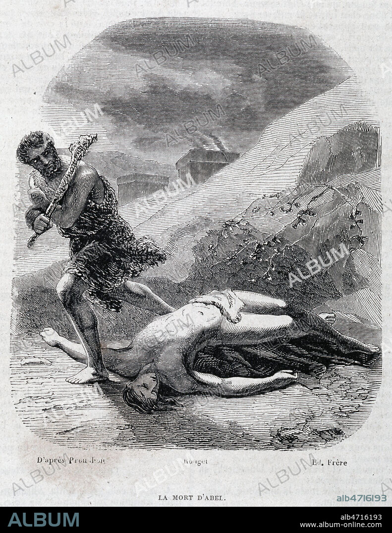 'La mort d'Abel'. Gravure noir et blanc d'apres Prud'hon dans La Sainte Bible traduite par Lemaistre de Sacy (1613-1679), 1851. Credits : Coll. Jonas/KHARBINE-TAPABOR.