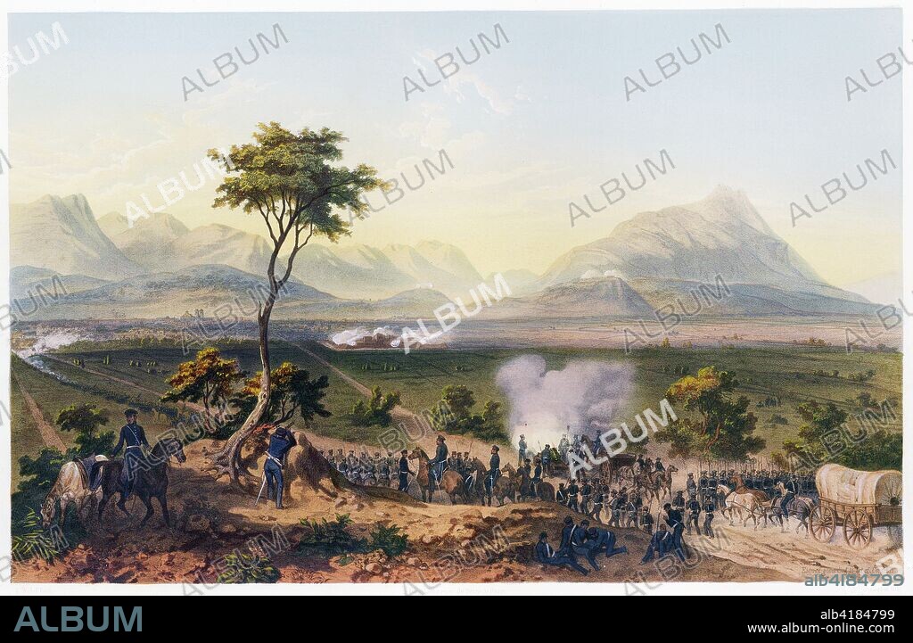 Capture of Monterey, from The War Between the United States and Mexico, pub. 1851 (colour lithograph). US-Mexican War 1846 - 1848; 25th September 1846; Zachary Taylor (1784 - 1850); Pedro Ampudia (1805 - 1868); US troops are seen here marching towards Monterey with the Sierra Madre in the background; the Mexicans were later defeated.