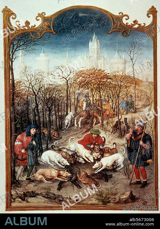 Buchmalerei, Brügge, Werkstatt des Simon Bening, um 1513/15. Monatsbild November / Dezember: Sauhatz. Aus dem Kalendarium Grimani. Venedig, Biblioteca di San Marco.