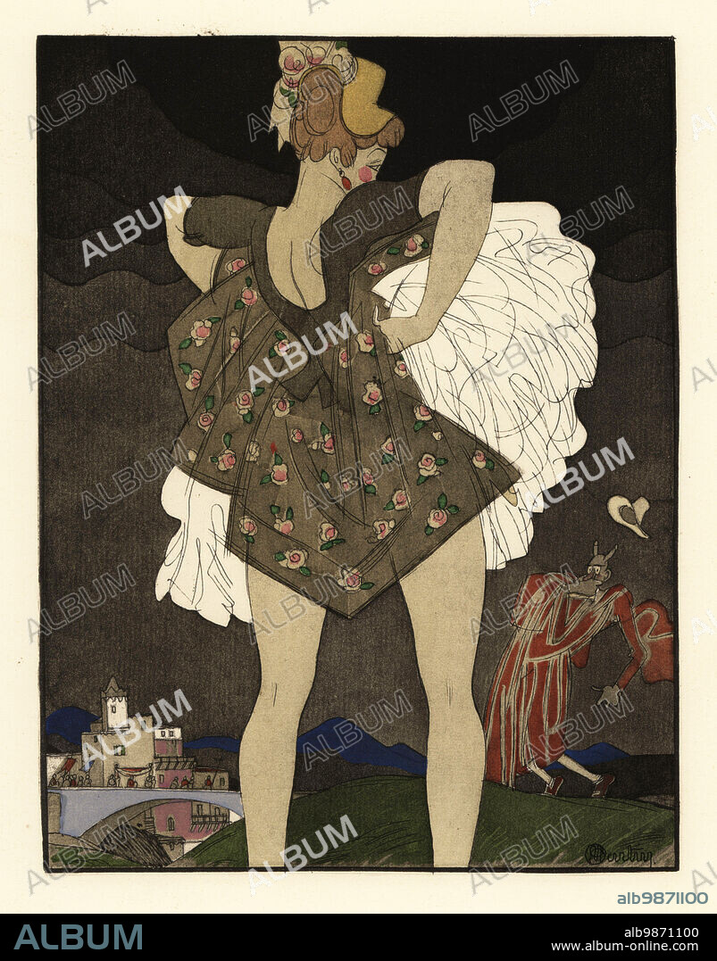 Woman raising her skirts to scare off the devil. Perretta flashing the devil. The devil of Pope-Fig Island. Le diable de Papesiguiere. Lithograph handcoloured in pochoir (stencil) after an illustration by Charles Martin from Jean de la Fontaines Contes et Nouvelles en Vers, Tales and Novellas in Verse, Libraire de France, Paris, 1930.
