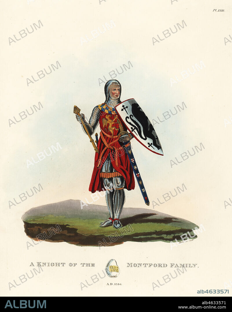A knight of the Montford family, 1286. He wears a chainmail hauberk with armorial surcoat, sword in scabbard on belt, and carries a mace and shield with coat of arms. The surcoat blazon shows a griffon sergeant eating a gold child, and the shield a lion devouring a child. Handcoloured lithograph by Maddocks after an illustration by S.R. Meyrick from Sir Samuel Rush Meyrick's A Critical Inquiry into Antient Armour, John Dowding, London, 1842.