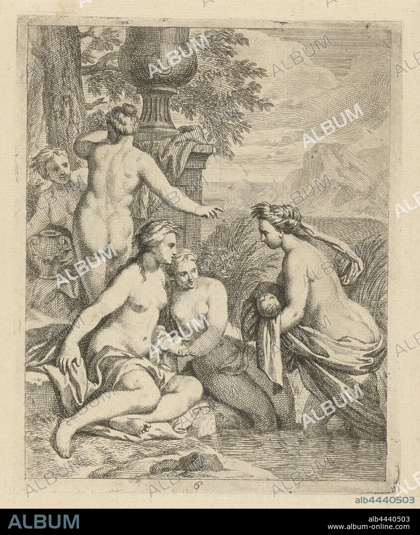 Thetis returns to her water nymphs Scenes from the life of Achilles (series title) Vitam et mortem achilli (series title), River landscape with two nymphs sitting on the shore, and Thetis with Achilles in her arms. Behind them two nymphs near a pedestal with a classical vase. Bottom center: 6. Sixth print from a series of fourteen with scenes from the life of Achilles, Thetis leaves Peleus and returns to her home in the sea, J. Alexander Janssens, Zuid-Nederland, c. 1700, paper, etching, h 163 mm × w 133 mm.