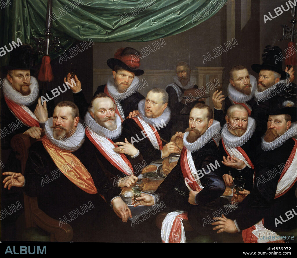 GREBBER, FRANS. PINTOR HOLANDES. 1573-1649. BANQUETE DE OFICIALES Y SUBALTERNOS DE LA GUARDIA CIVICA DE SAN JORGE, 1615-1618.. OLEO DEL AÑO 1618. MUSEO FRANS HALSMUSEUM.