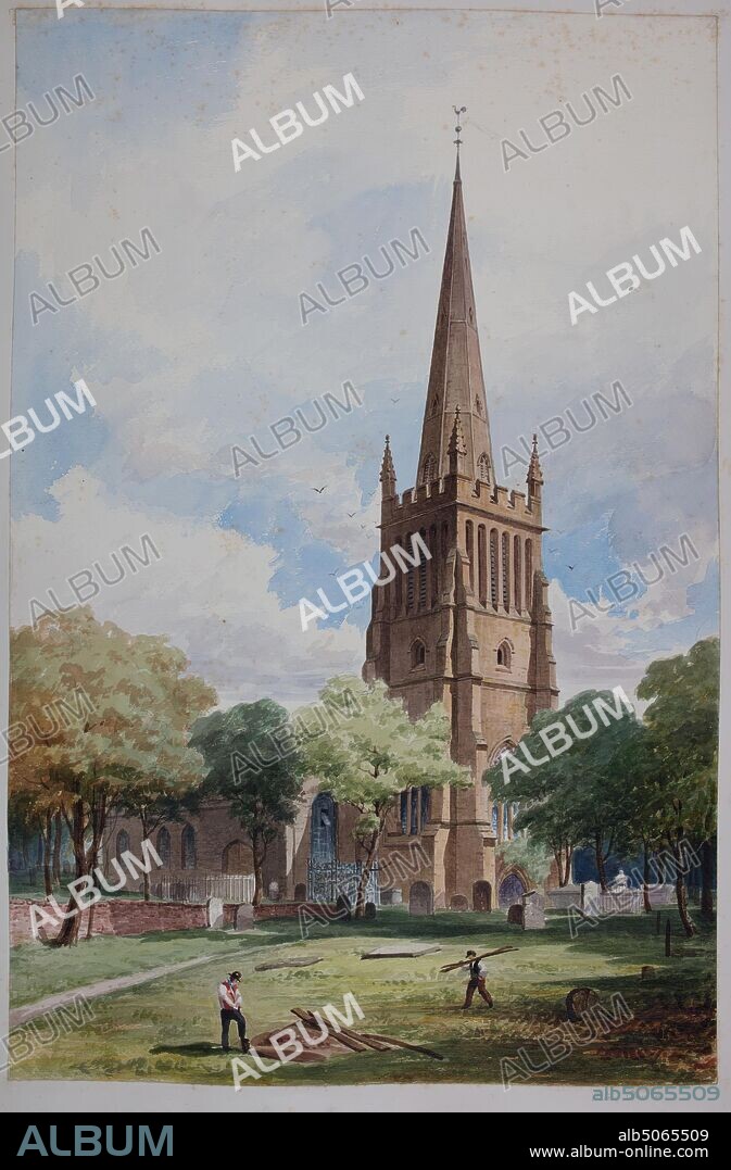 Aston Church, 1850-1880 Elijah Walton, The Parish Church of St Peter and St Paul, Witton Lane, Aston, Birmingham., Watercolour, West Midlands, Birmingham history, Architecture, Church, England, Midlands, Works on Paper.