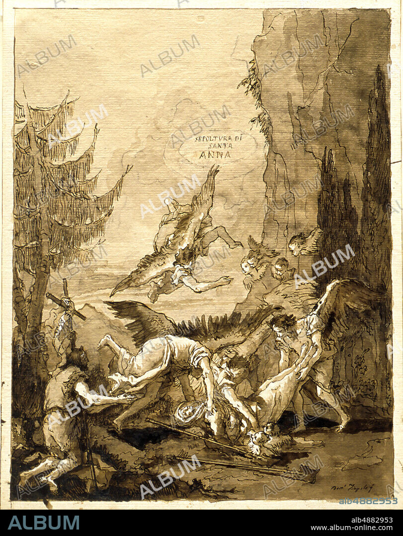 Giovanni Domenico Tiepolo, Italian, 17271804, Burial of Saint Anne, c. 177090, Pen, brush and brown ink and wash on paper, Overall: 18 7/8 x 14 13/16 in. (47.9 x 37.7 cm).
