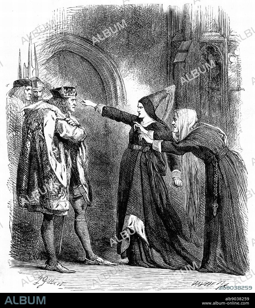 Shakespeare, Richard III Act IV Sc. IV. Elizabeth Woodville and the Duchess of York, Widow and mother of Edward IV, intercept and remonstrate with Richard III. Illustration by Sir John Gilbert. Engraving, c1858.