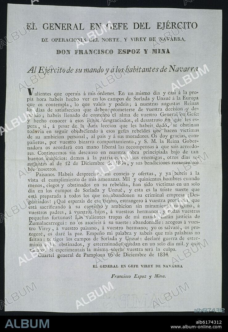 CARTA DE FRANCISCO ESPOZ Y MINA AL EJERCITO DE SU MANDO Y A LOS HABITANTES DE NAVARRA - 16/12/1834.