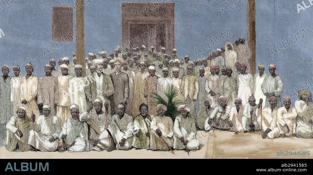 HISTORIA DE AFRICA. EXPLORACIONES. STANLEY, Henry Morton (1841-1904). Explorador y periodista británico. "STANLEY Y SUS COMPAÑEROS DE VIAJE AL REGRESO DE LA EXPEDICION POR EL INTERIOR DE AFRICA". Grabado del siglo XIX. Coloreado.