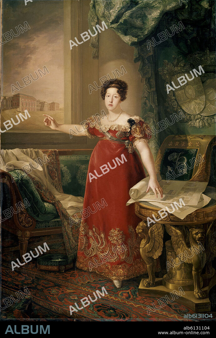 BERNARDO LOPEZ (1799-1874). ISABEL DE BRAGANZA, REINA DE ESPAÑA, COMO FUNDADORA DEL MUSEO DEL PRADO - 1829 - OLEO/LIENZO - 258x174 - NP 863.