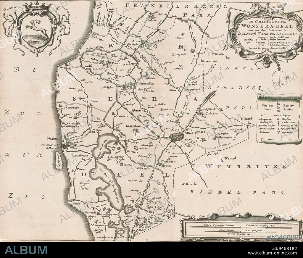 Map of the grietenij Wonseradeel, De grietenye van Wonsera-deel (title on object), Top left the coat of arms of Wonseradeel. Top right cartouche with title and administrative information about the grietenij, below legend. Bottom right two scale sticks: Milliare Germanicum commune / A gemeene Duytsche myle, Hora itineris - perticae regales 1400 / A uyre gaens., print maker: Jacob van Meurs, (possibly), Bernardus Schotanus à Sterringa, (possibly), Sjoerd Aetesz. Haacma, (possibly), print maker: Amsterdam, Friesland, Friesland, Friesland, 1664, paper, engraving, height 287 mm × width 365 mm.