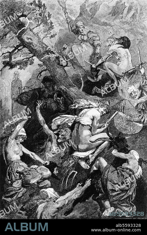 Goethe, Johann Wolfgang von; 1749-1832. Work: Faust (1808). Walpurgisnacht (Walpurgis Night). Woodcut, c. 1880/90, after drawing by Franz Simm (1853-1918). From: Goethes Werke, Illustr. von ersten dt. Künstlern, Heinrich Düntzer (ed), Stuttgart and Leipzig (Dt. Verlags-Anstalt), no date.