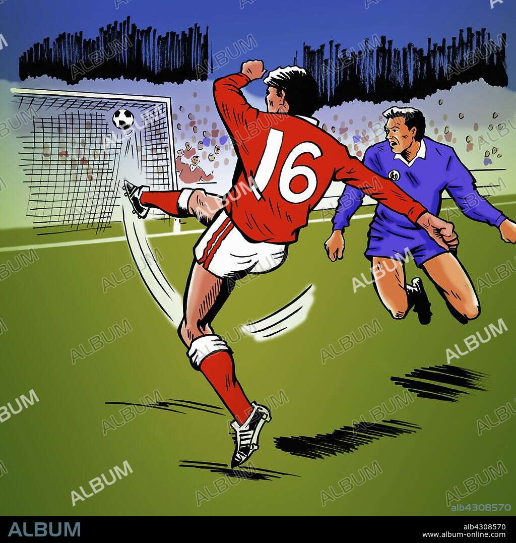 Footballer scoring goal.