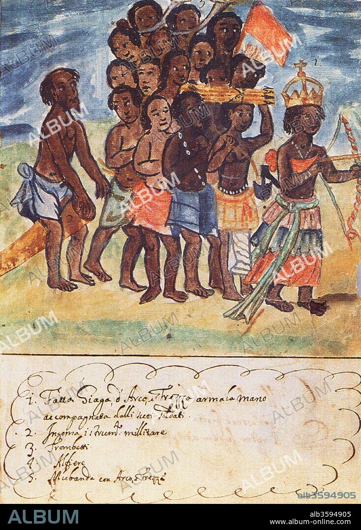 GIOVANNI ANTONIO CAVAZZI DA MONTECUCCOLO. Queen Nzinga with Military Entourage, Kingdom of Matamba, Angola (From: Manoscritti Araldi).