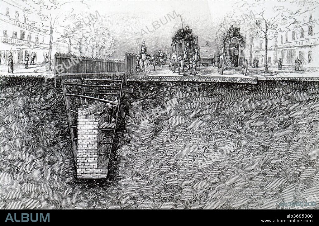 Cross-section view of the Paris Metro during construction. Dated 19th century.