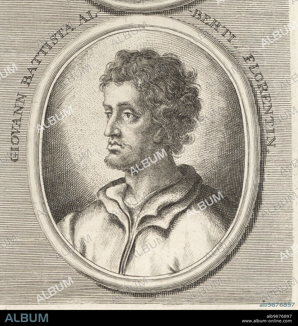 Leon Battista Alberti, Italian Renaissance humanist author, artist, architect, poet, priest, linguist, philosopher, and cryptographer, 1404-1472. Giovann Battista Alberti Florentin. Copperplate engraving after an illustration by Joachim von Sandrart from his LAcademia Todesca, della Architectura, Scultura & Pittura, oder Teutsche Academie, der Edlen Bau- Bild- und Mahlerey-Kunste, German Academy of Architecture, Sculpture and Painting, Jacob von Sandrart, Nuremberg, 1675.