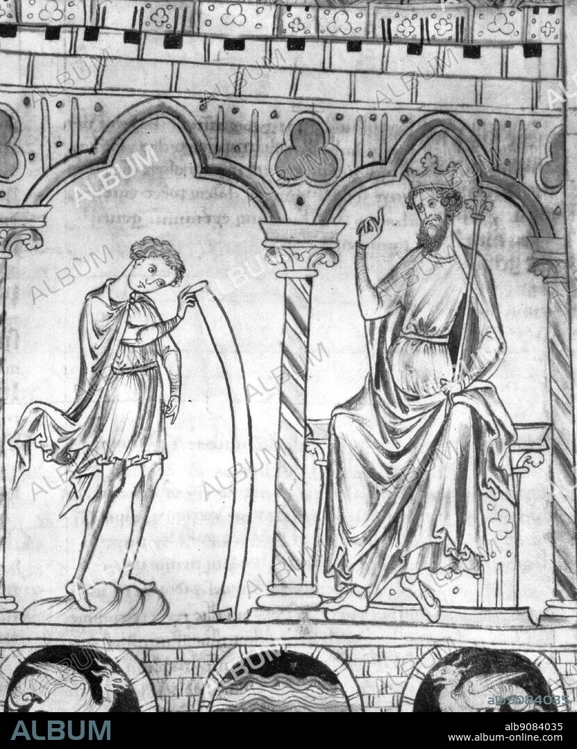 Merlin reading his prophecies to Vortigern.