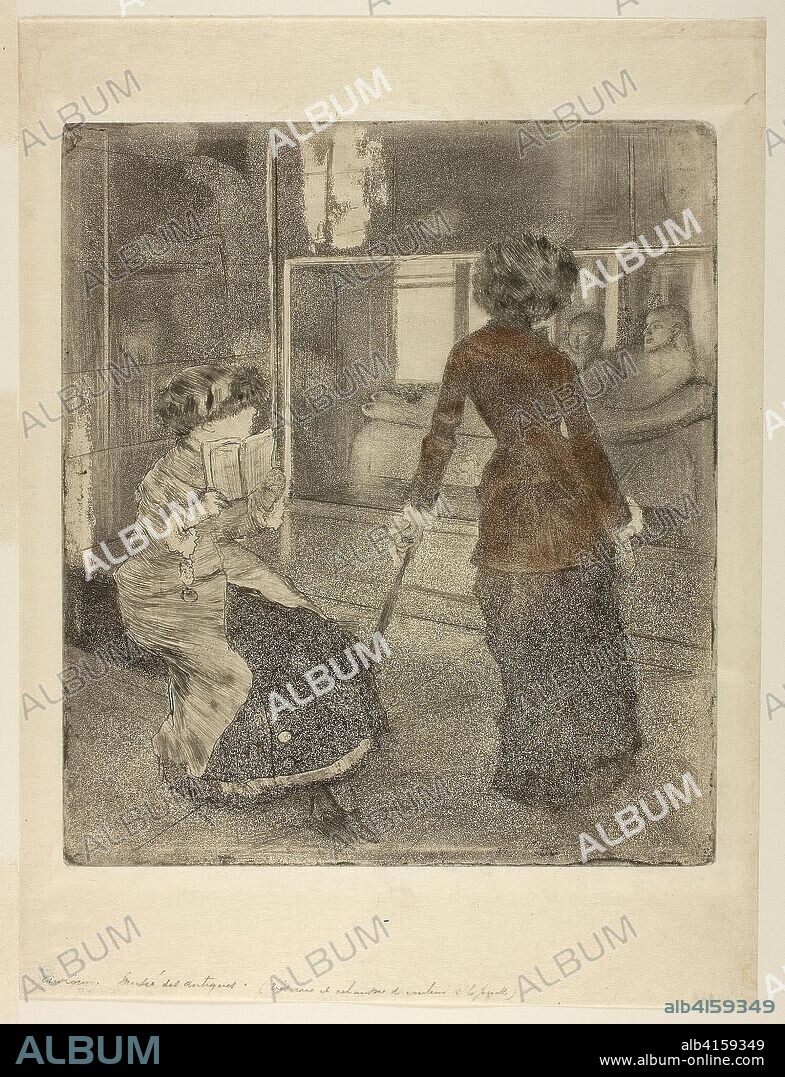 HILAIRE GERMAIN EDGAR DEGAS. Mary Cassatt at the Louvre: The Etruscan Gallery. Edgar Degas; French, 1834-1917. Date: 1879-1880. Dimensions: 269 × 232 mm (image/plate); 357 × 269 mm (sheet). Soft ground etching, drypoint, aquatint, and etching, with reddish-brown pastel, on ivory Japanese paper. Origin: France.
