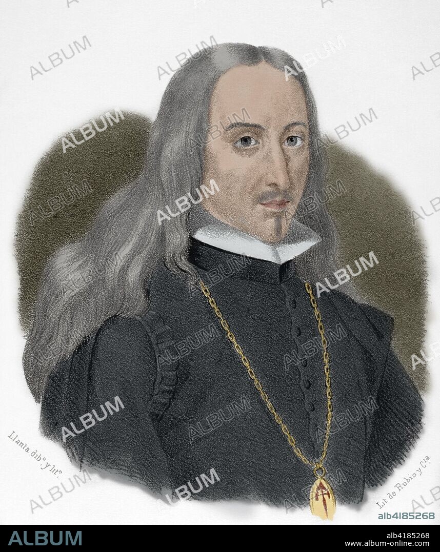 Jose Pellicer de Ossau y Tovar (1602-1679). Spanish poet, philologist  and historian of Castile and Aragon. Lithography. Later colouration. Cronica General de Espa–a, Historia Ilustrada y Descriptiva de sus Provincias. Catalonia. 1866.