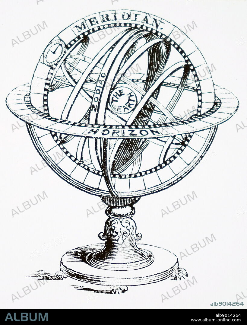 Illustration depicting an armillary sphere. An armillary sphere is a model of objects in the sky consisting of a spherical framework of rings, centred on Earth or the Sun, that represent lines of celestial longitude and latitude and other astronomically important features such as the ecliptic. Dated 16th Century.