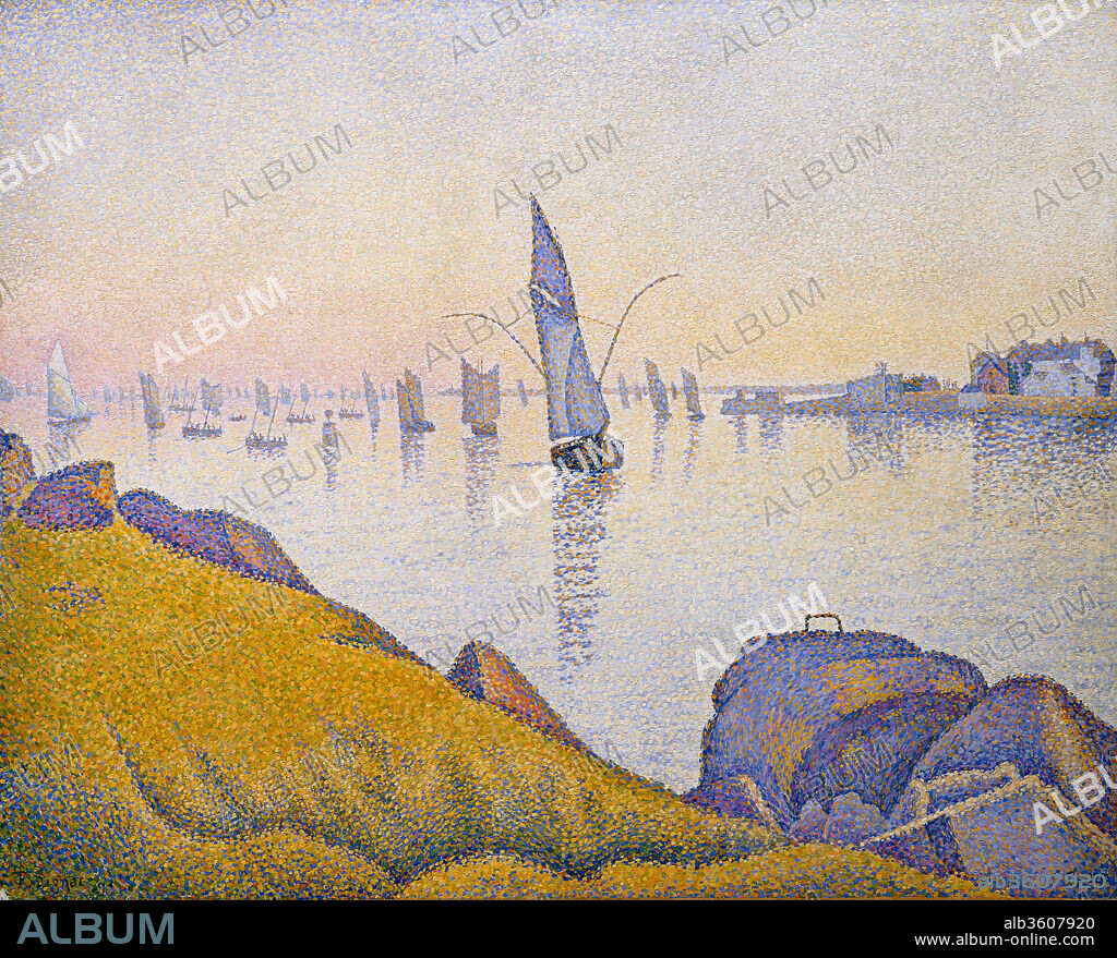 Evening Calm, Concarneau, Opus 220 (Allegro Maestoso). Artist: Paul Signac (French, Paris 1863-1935 Paris). Dimensions: 25 1/2 x 32in. (64.8 x 81.3cm); Framed: 40 1/4 x 34 in. (102.2 x 86.4cm). Date: 1891.
As Georges Seurat's most ardent follower, Paul Signac
steadfastly promoted the principles of Neo-
Impressionism all his life. Adopting Seurat's system
of color harmony, Signac argued for the meticulous
application of precise hues in separate strokes of
paint across the canvas, a technique he said evoked
"brilliantly colored lights." This painting is one of
five related images of fishing boats near the French
town of Concarneau, in Brittany. Signac endowed
his Concarneau paintings with musical sub-titles,
suggesting a symphonic arrangement.