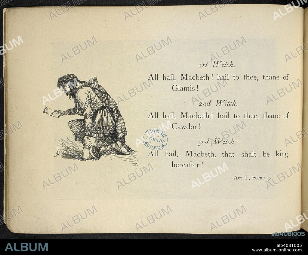 WILLIAM SHAKESPEARE. Act I scene 3- the three witches hail Macbeth. An illustration of a kneeling figure. Souvenir of Macbeth, produced at the Lyceum Theatre, by Henry Irving, 29th December, 1888. London : Cassell & Co., [1889]. Source: 11766.f.27, plate 6. Language: English.