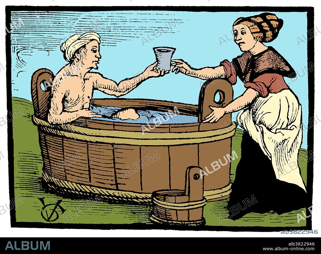 Balneology is the branch of medical science concerned with the therapeutic value of baths, especially those taken with natural mineral waters. Balneotherapy may involve hot or cold water, massage through moving water, relaxation or stimulation. Many mineral waters at spas are rich in particular minerals (silica, sulfur, selenium, radium) which can be absorbed through the skin. Public baths originated from a communal need for cleanliness at a time when most people did not have access to private bathing facilities. In ancient times public bathing included saunas, massages and relaxation therapies. Members of the society considered it as a place to meet and socialize. Public bathing could be compared to the spa of modern times. Woodcut from "Kalender des Doctor Kung!", 1508.