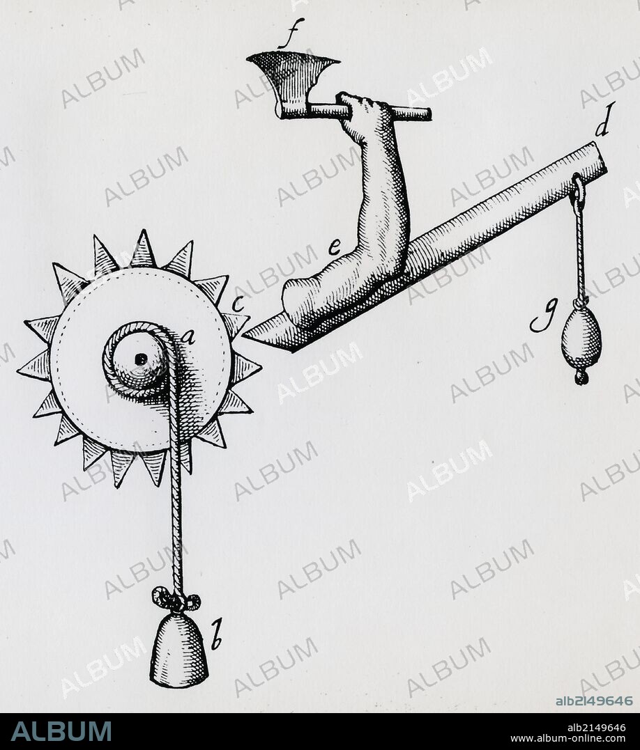 Clockwork driven mechanical axe. Engraving 1617. (Photo by: Universal History Archive/UIG via Getty Images).