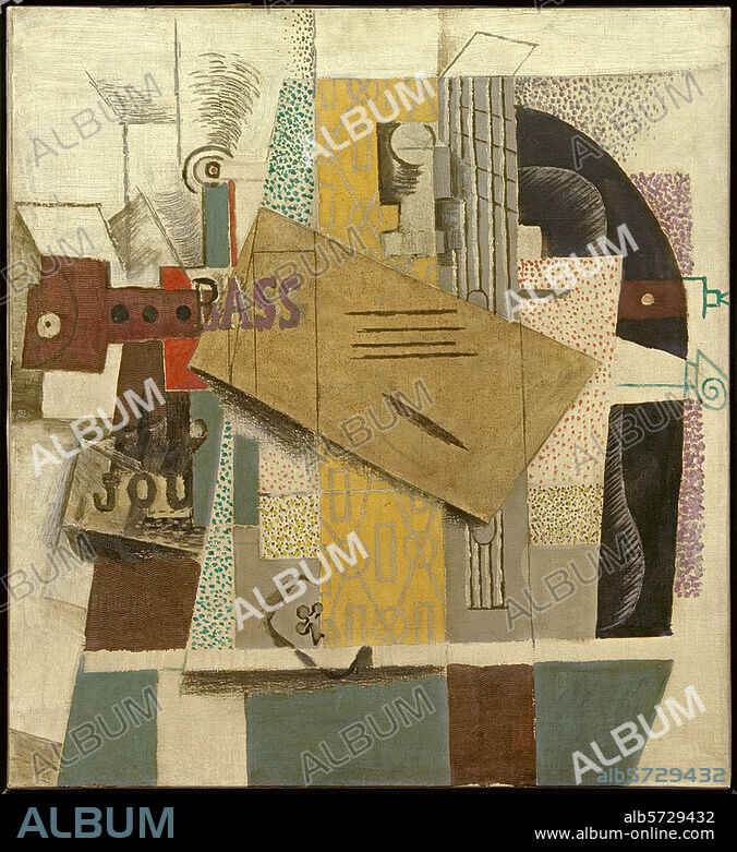 PABLO PICASSO. Picasso, Pablo; 1881-1973. "Bouteille de Bass, clarinette, guitare, violon, journal, as de trefle". (Bottle of Bass, clarinet, guitar, violin, newspaper, ace of clubs), Paris, winter 1913/14. Oil on canvas, 81 × 75cm. Donation of Raoul La Roche, Centre Georges Pompidou,.