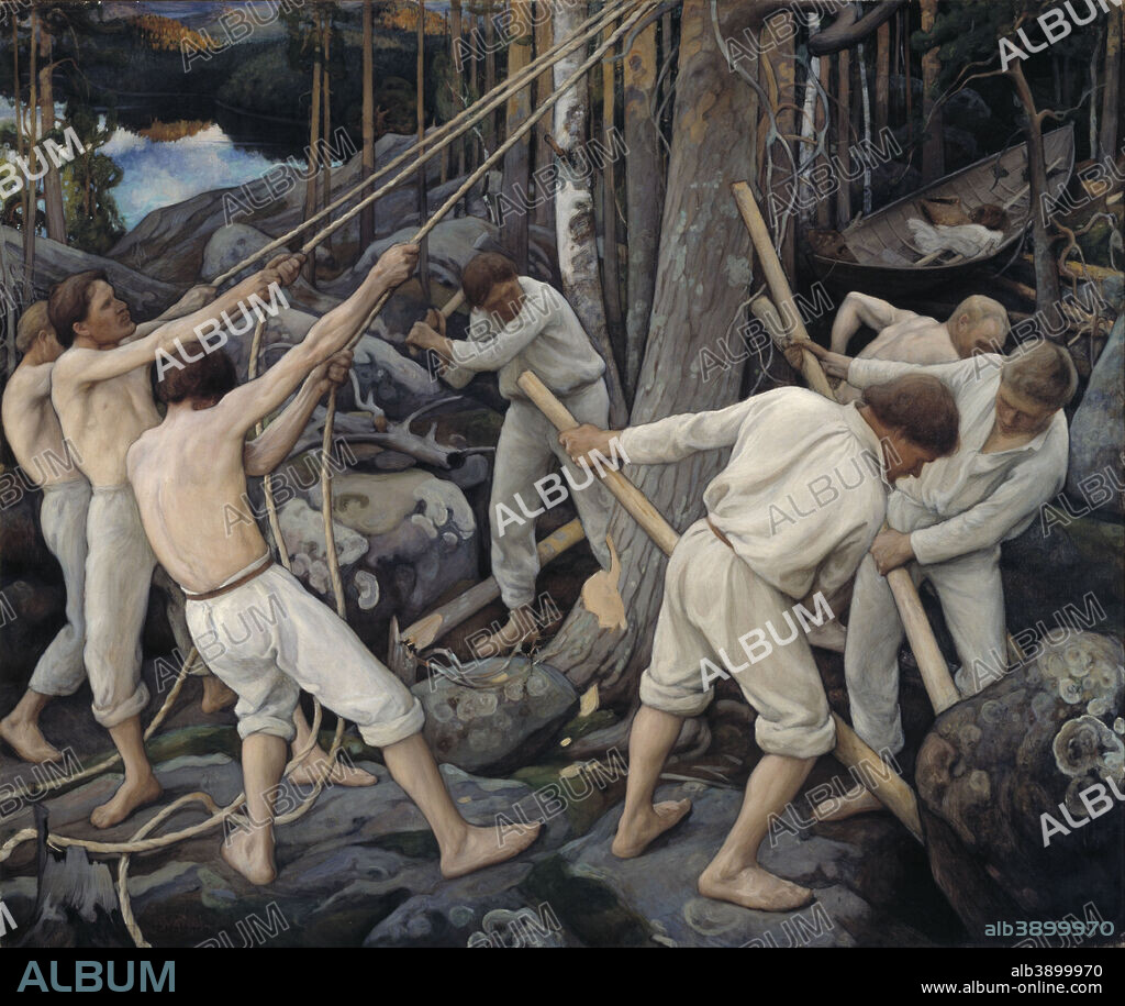 PEKKA HALONEN. Pioneers in Karelia. Date/Period: 1900. Painting. Oil on canvas. Height: 200 cm (78.7 in); Width: 237 cm (93.3 in).