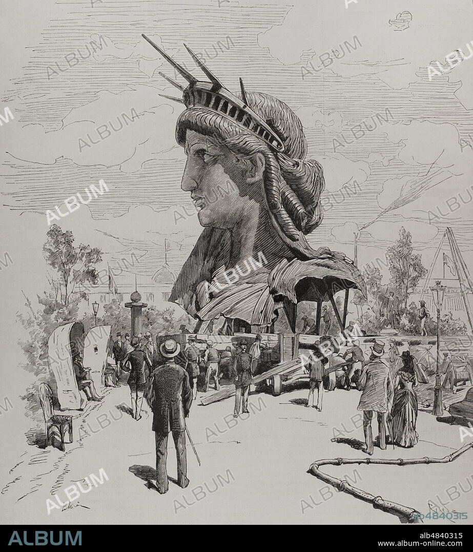 JOSÉ LUIS PELLICER Y FENYÉ (1842-1901). SPANISH ARTIST. TOMÁS CARLOS CAPUZ (1834-1899). SPANISH ENGRAVER.. History of France. Paris. Universal Exhibition of 1878. It was held from May 1 to November 10, 1878. Head of the colossal statue "Liberty Illuminating the World" to serve as a lighthouse in New York Harbor, presented at the Champ de Mars. Drawing from life by Pellicer. Engraving by Capuz. La Ilustración Española y Americana, 1878.