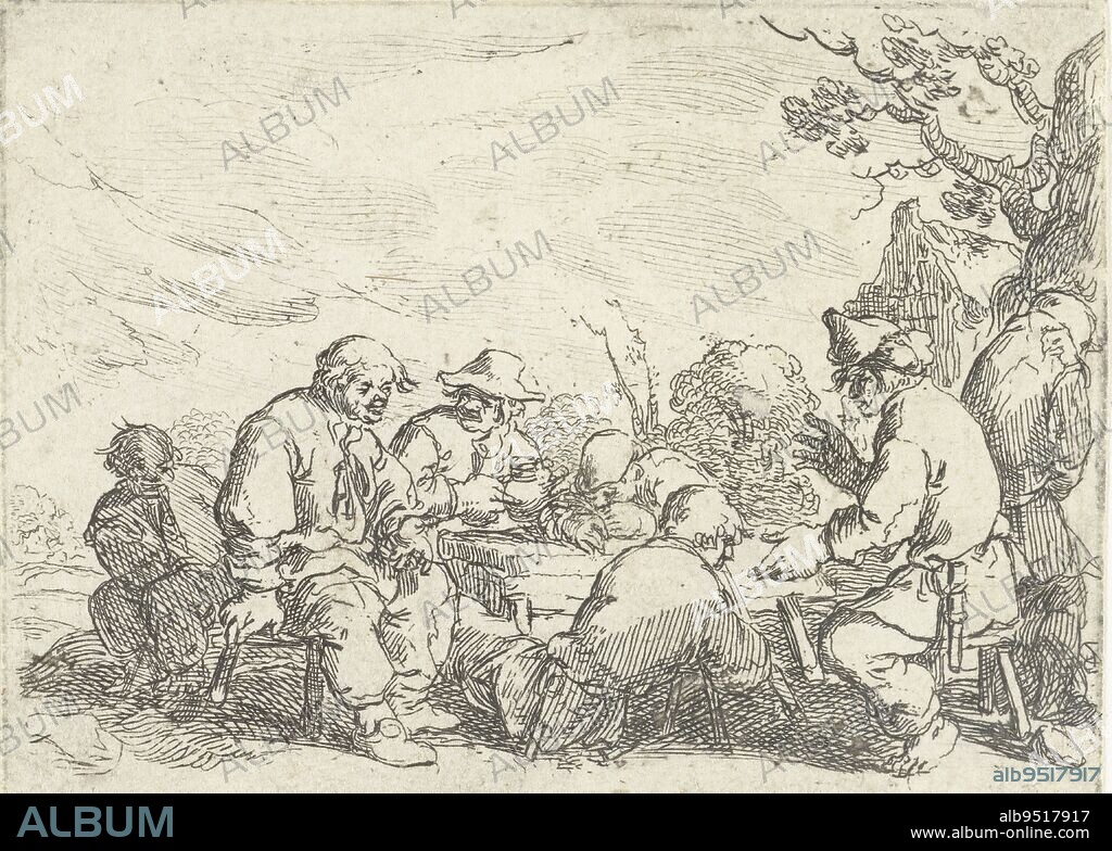A group of drinking farmers sit at a table outdoors near a tree. One farmer falls off his stool, another urinates against the tree., Drinking farmers at a table, print maker: Andries Both, Andries Both, unknown, c. 1622 - c. 1642, paper, etching, h 68 mm × w 93 mm.