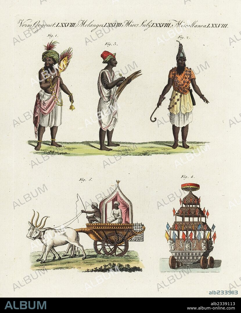 Indian costumes and vehicles, circa 1800. Hindu pandit or scholar 1, a Muslim fakir 2, a writer with palm paper 3, idol chariot decorated with Hindu gods 4, and hackery or ox-driven carriage. Handcoloured copperplate engraving from Bertuch's "Bilderbuch fur Kinder" (Picture Book for Children), Weimar, 1807. Friedrich Johann Bertuch (1747-1822) was a German publisher and man of arts most famous for his 12-volume encyclopedia for children illustrated with 1,200 engraved plates on natural history, science, costume, mythology, etc., published from 1790-1830.