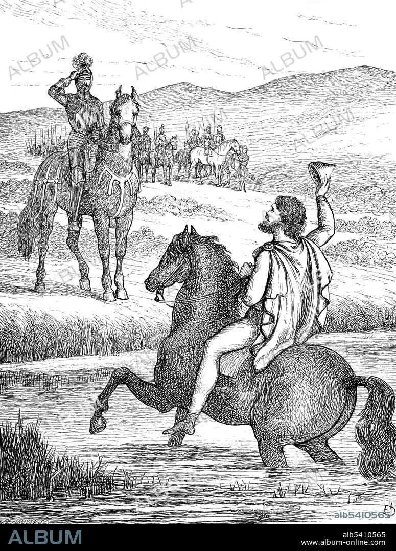 Hugh O'Neill (1550 - July 20 1616) was an Irish Gaelic lord, Earl of Tyrone. Robert Devereux, 2nd Earl of Essex (November 10, 1565 - February 25, 1601), was an English nobleman. On September 7, 1599, during the northern campaign of the Nine Years' War, O'Neill asked to meet with Essex. Essex rejected the meeting place, but O'Neill found a spot to ride into the river up to his horse's belly. It was a gesture of humility, and Essex rode with a troop of horse to an overlooking hill before going down alone to the ford, where he conversed with the rebel for half an hour. Both men withdrew to their companies on the hills. An Illustrated History of Ireland by Mary Francis Cusack, 1868 (cropped and cleaned).
