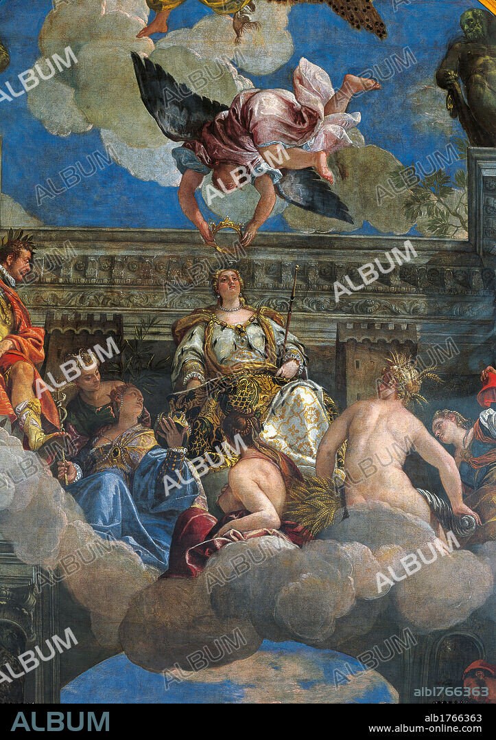 Triumph of Venice (Apotheosis of Venice), by Paolo Caliari known as Veronese, 1581-1583 about, 16th Century, oil on oval canvas, cm 904 x 580. Italy, Veneto, Venice, Doges Palace, Great Council Chamber. Detail. Sky clouds angel crown coronation personification of Venice woman scepter necklace pearls cloak mantle damask silk ermine goddesses children caduceus anatomy ears of corn cornucopia cloaks mantles drapery fabric tissue man entablature pale blue li.