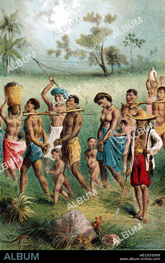 Band of male, female and child captives driven into slavery by Arab slave traders. Men are fastened together with slave forks. From The Life and Explorations of David Livingstone c1875. Chromolithograph.