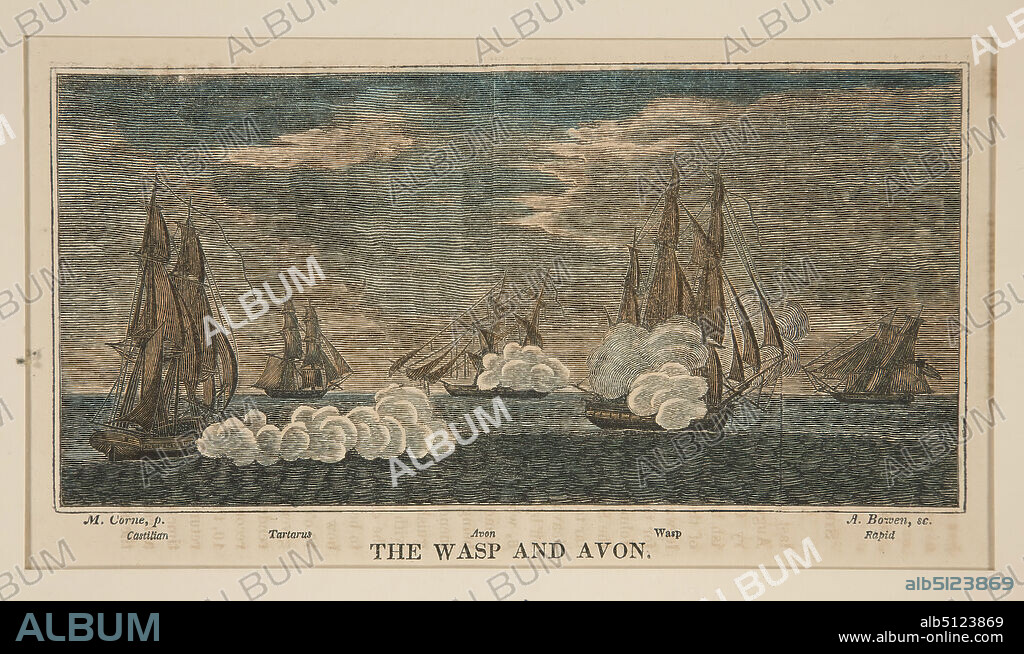 Artist: Abel Bowen, American, 17901850, After: Michele Felice Cornè, American, born Italy, 17521845, The Wasp and Avon, one in a series of eight, Line engraving, colored, mounted as a series of eight, sheet: 13 × 21.5 cm (5 1/8 × 8 7/16 in.), Made in United States, American, 19th century, Works on Paper - Prints.